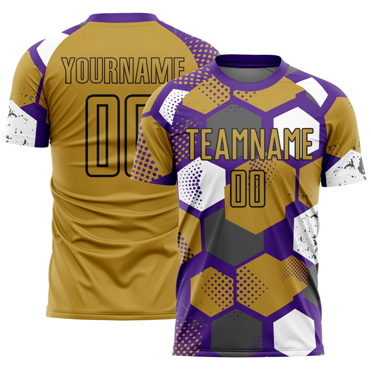 Custom Purple Old Gold White-Black Geometric Shape Sublimation Soccer Uniform Jersey