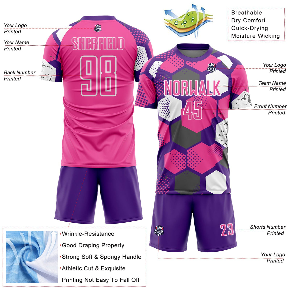 Custom Purple Pink-White Geometric Shape Sublimation Soccer Uniform Jersey Limited