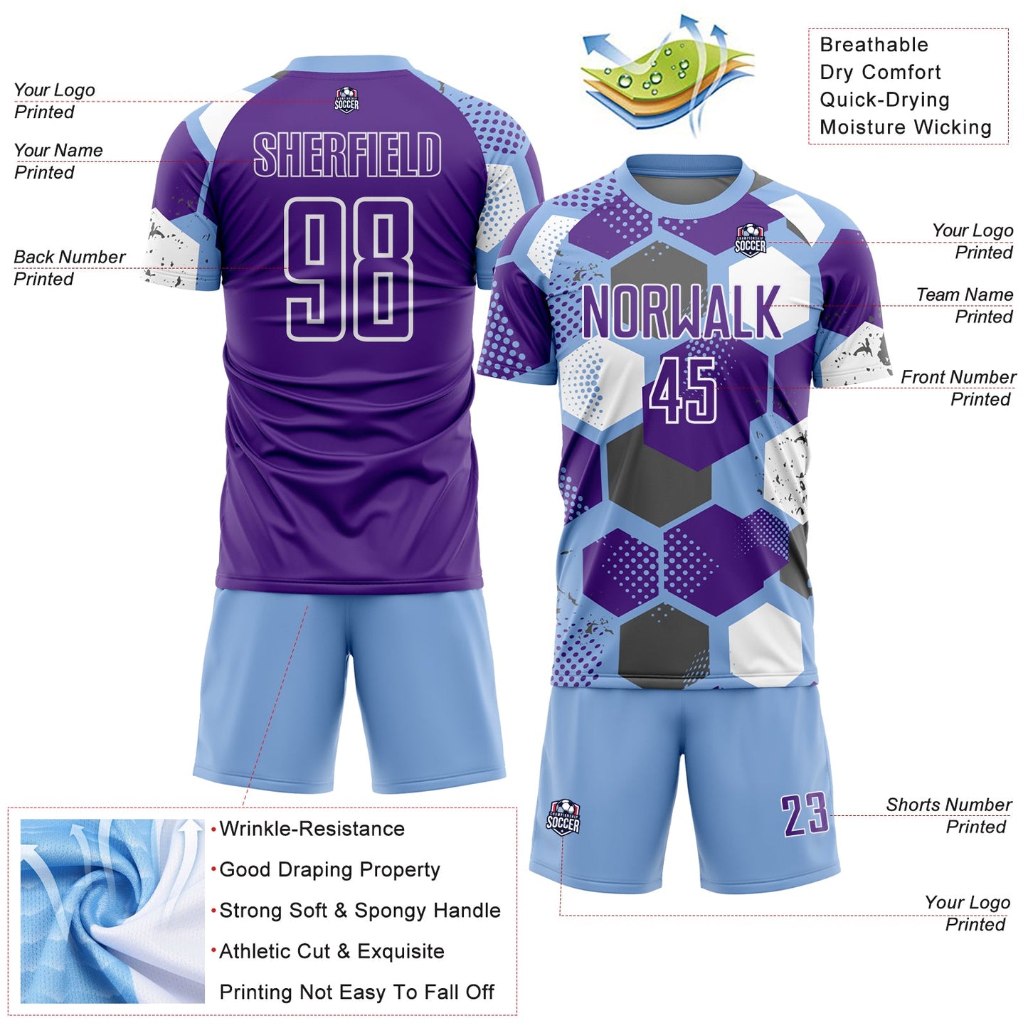 Custom Light Blue Purple-White Geometric Shape Sublimation Soccer Uniform Jersey Limited