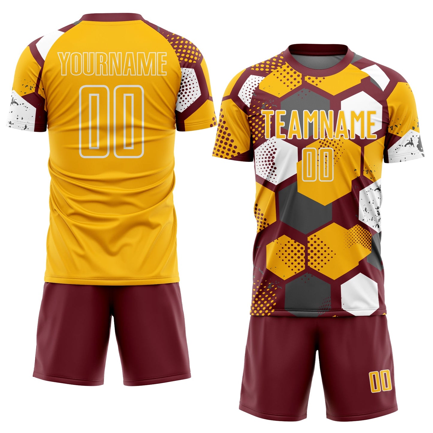 Custom Burgundy Gold-White Geometric Shape Sublimation Soccer Uniform Jersey Limited
