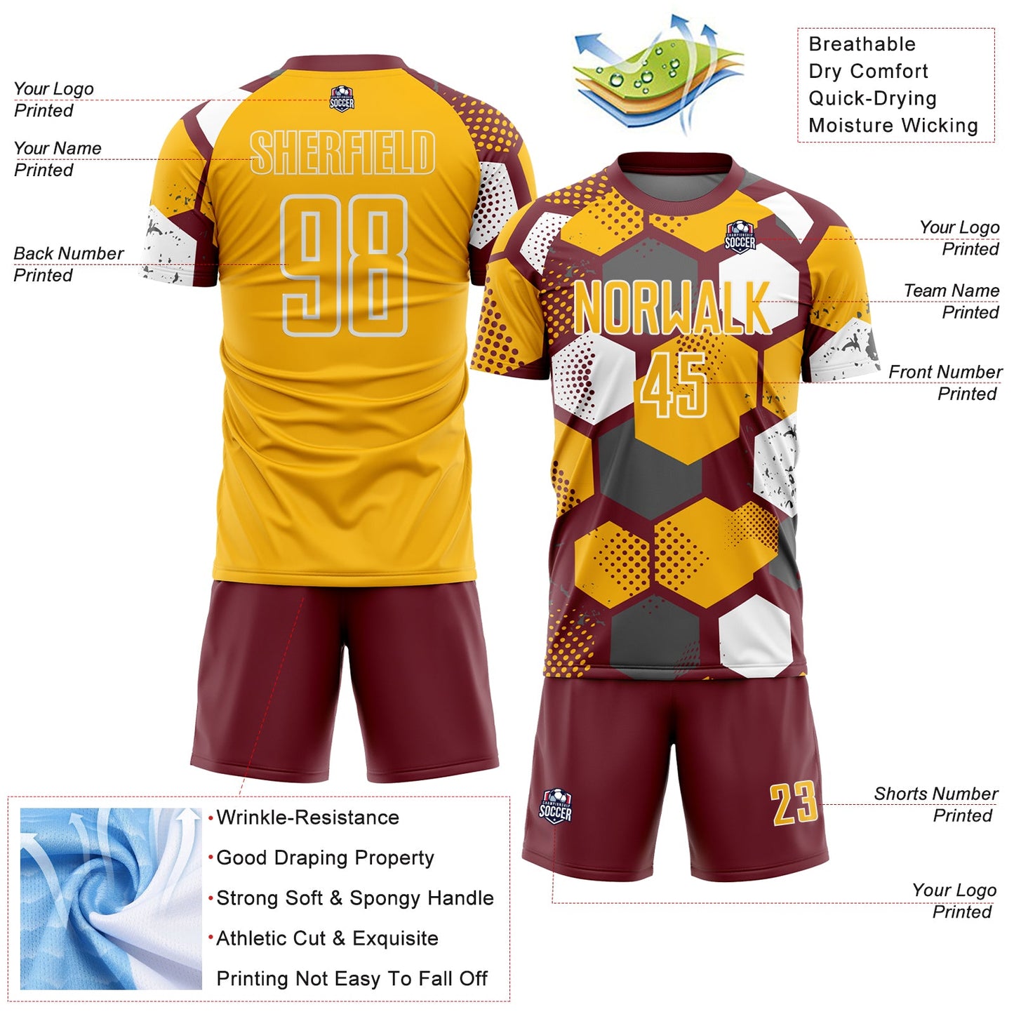 Custom Burgundy Gold-White Geometric Shape Sublimation Soccer Uniform Jersey Limited