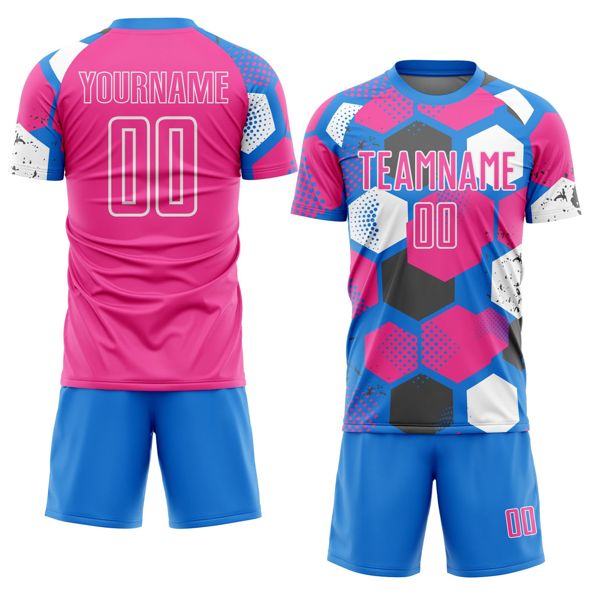 Custom Powder Blue Pink-White Geometric Shape Sublimation Soccer Uniform Jersey Limited