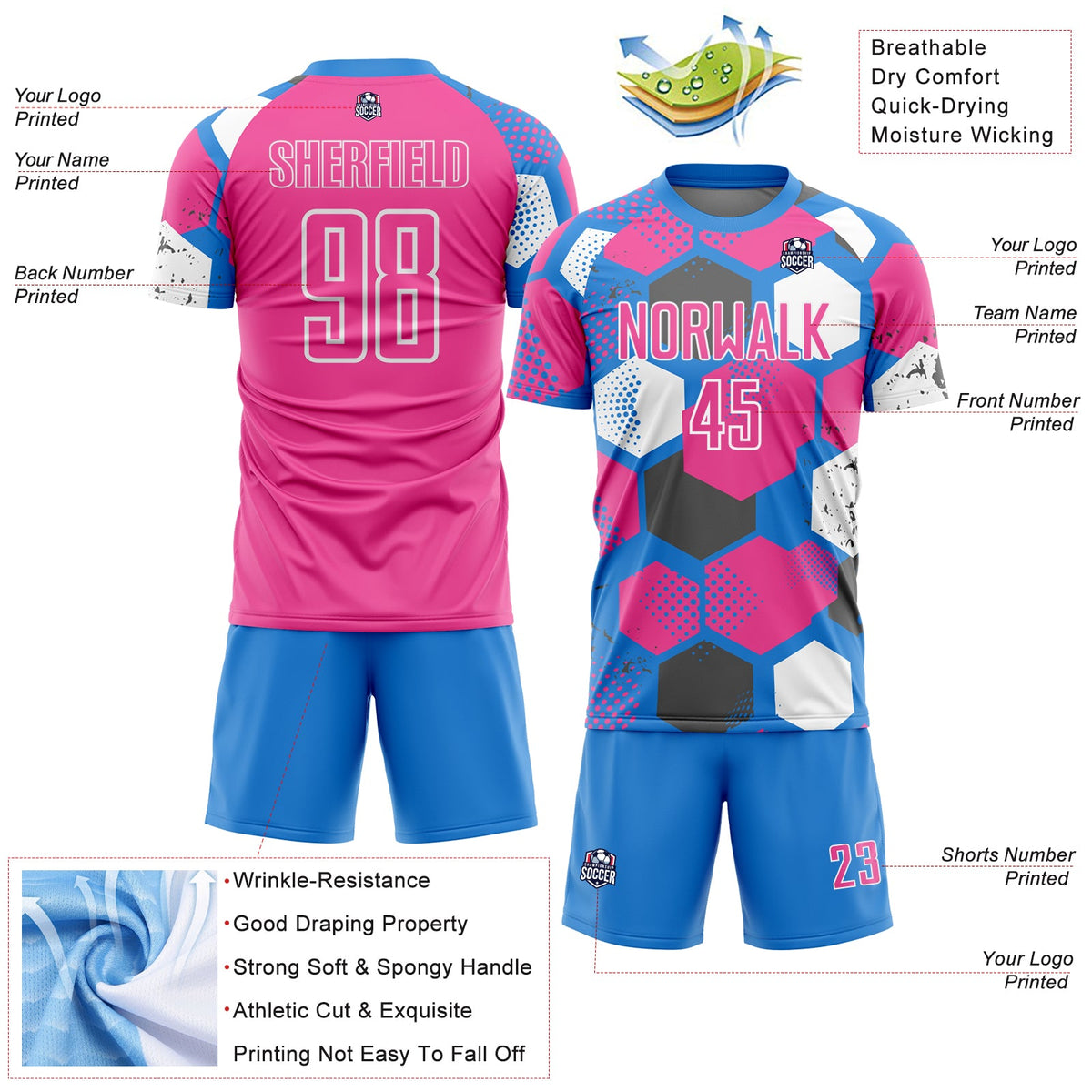 Custom Powder Blue Pink-White Geometric Shape Sublimation Soccer Uniform Jersey Limited
