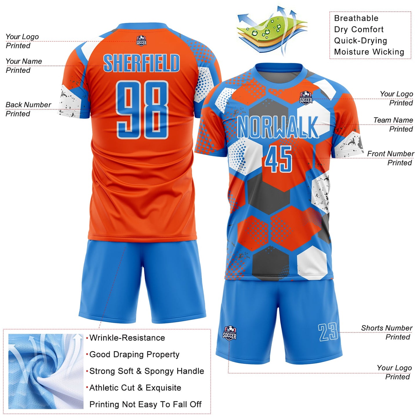 Custom Powder Blue Orange-White Geometric Shape Sublimation Soccer Uniform Jersey Limited