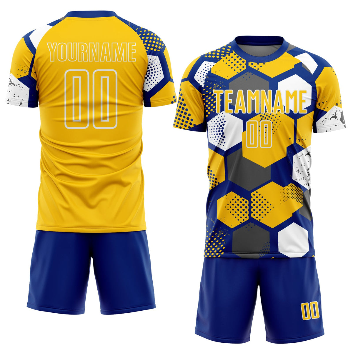 Custom Royal Yellow-White Geometric Shape Sublimation Soccer Uniform Jersey Limited