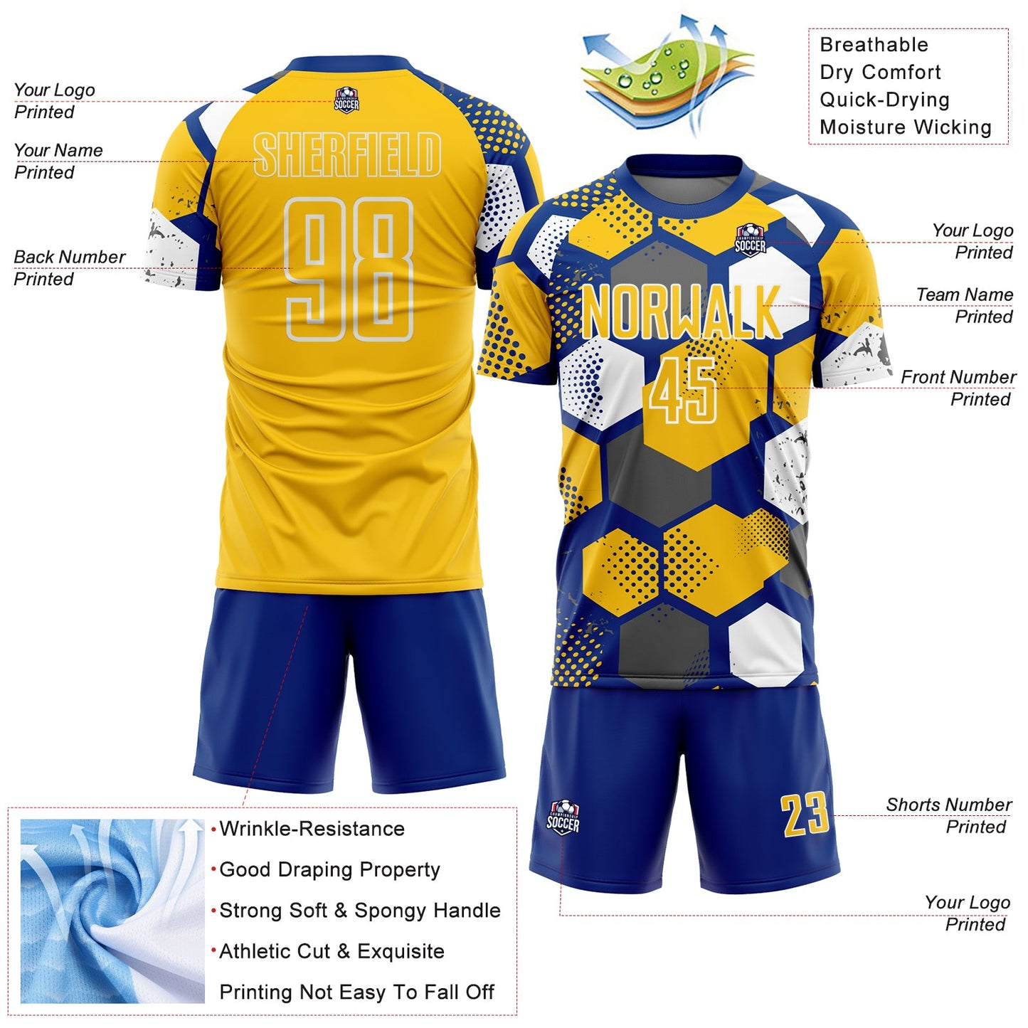 Custom Royal Yellow-White Geometric Shape Sublimation Soccer Uniform Jersey Limited