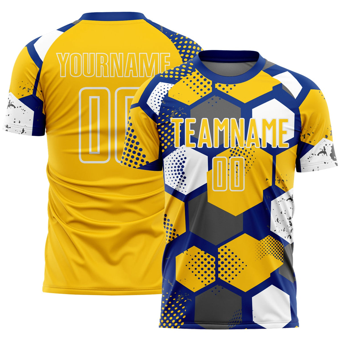 Custom Royal Yellow-White Geometric Shape Sublimation Soccer Uniform Jersey