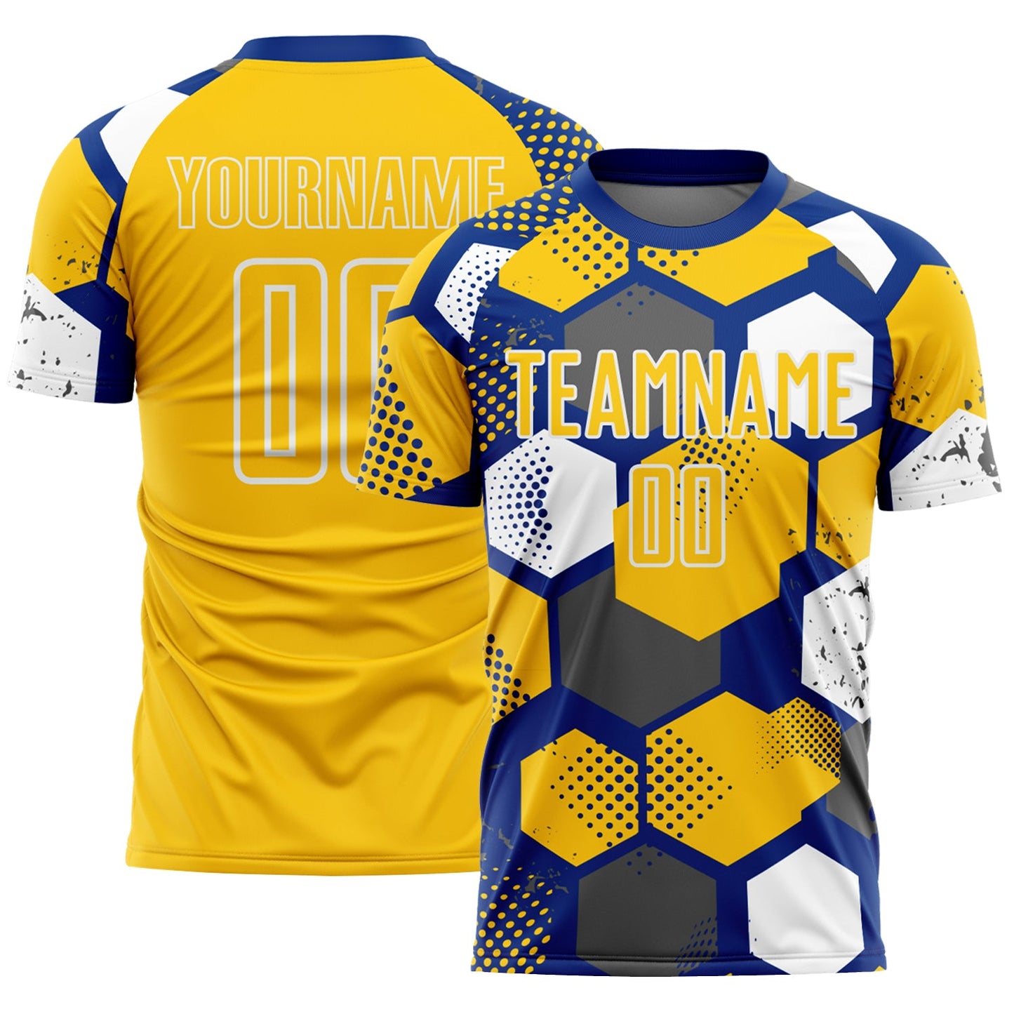 Custom Royal Yellow-White Geometric Shape Sublimation Soccer Uniform Jersey