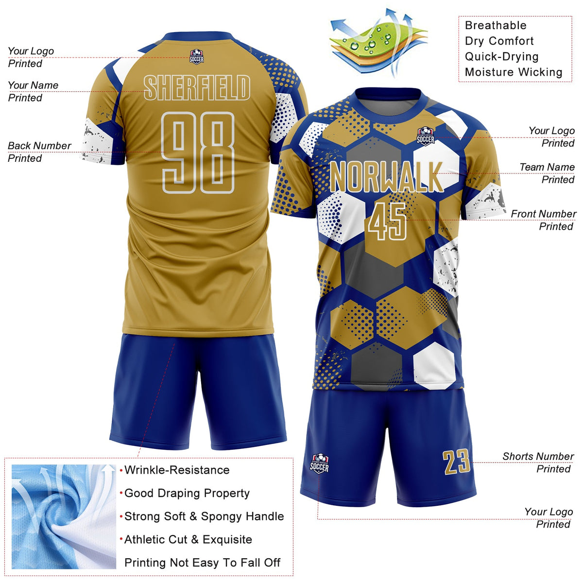 Custom Royal Old Gold-White Geometric Shape Sublimation Soccer Uniform Jersey Limited