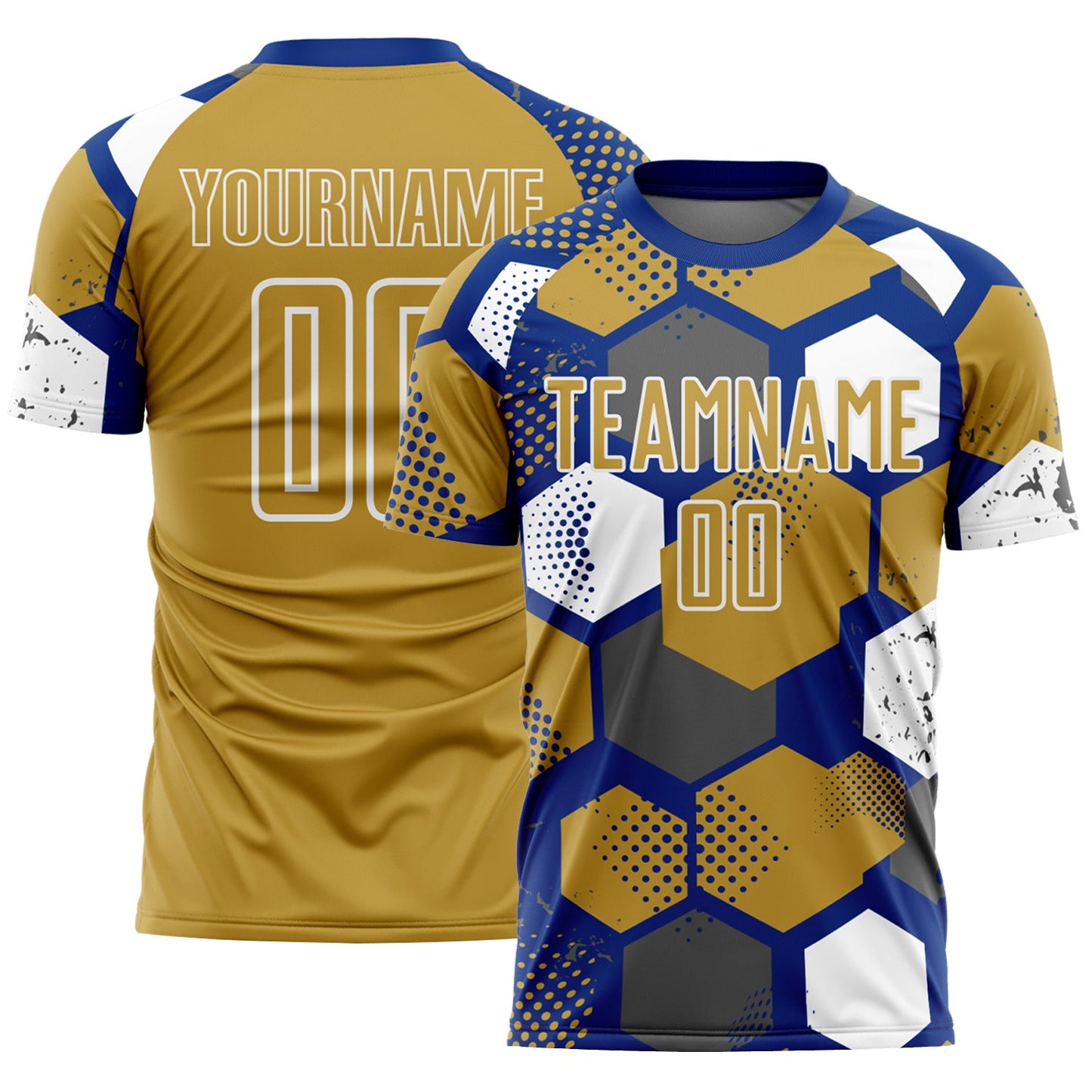 Custom Royal Old Gold-White Geometric Shape Sublimation Soccer Uniform Jersey