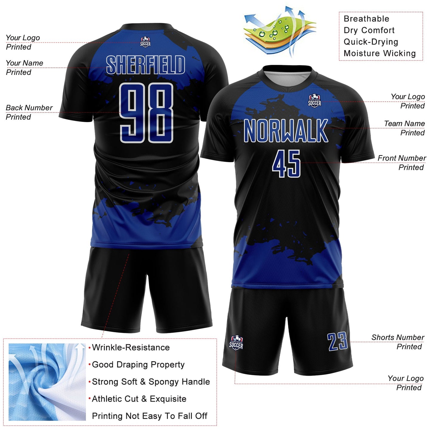 Custom Black Royal-White Abstract Fragment Art Sublimation Soccer Uniform Jersey Limited