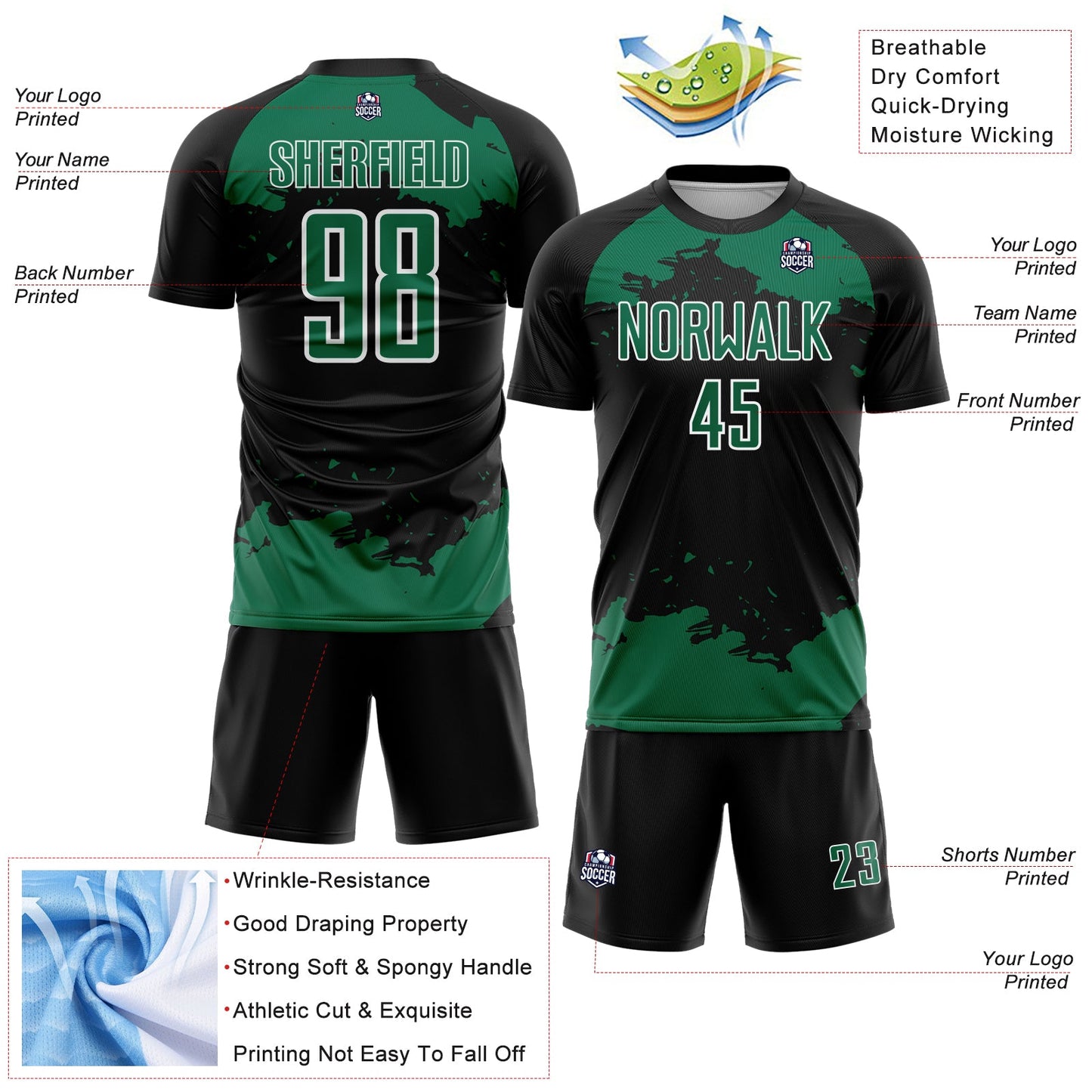 Custom Black Kelly Green-White Abstract Fragment Art Sublimation Soccer Uniform Jersey Limited