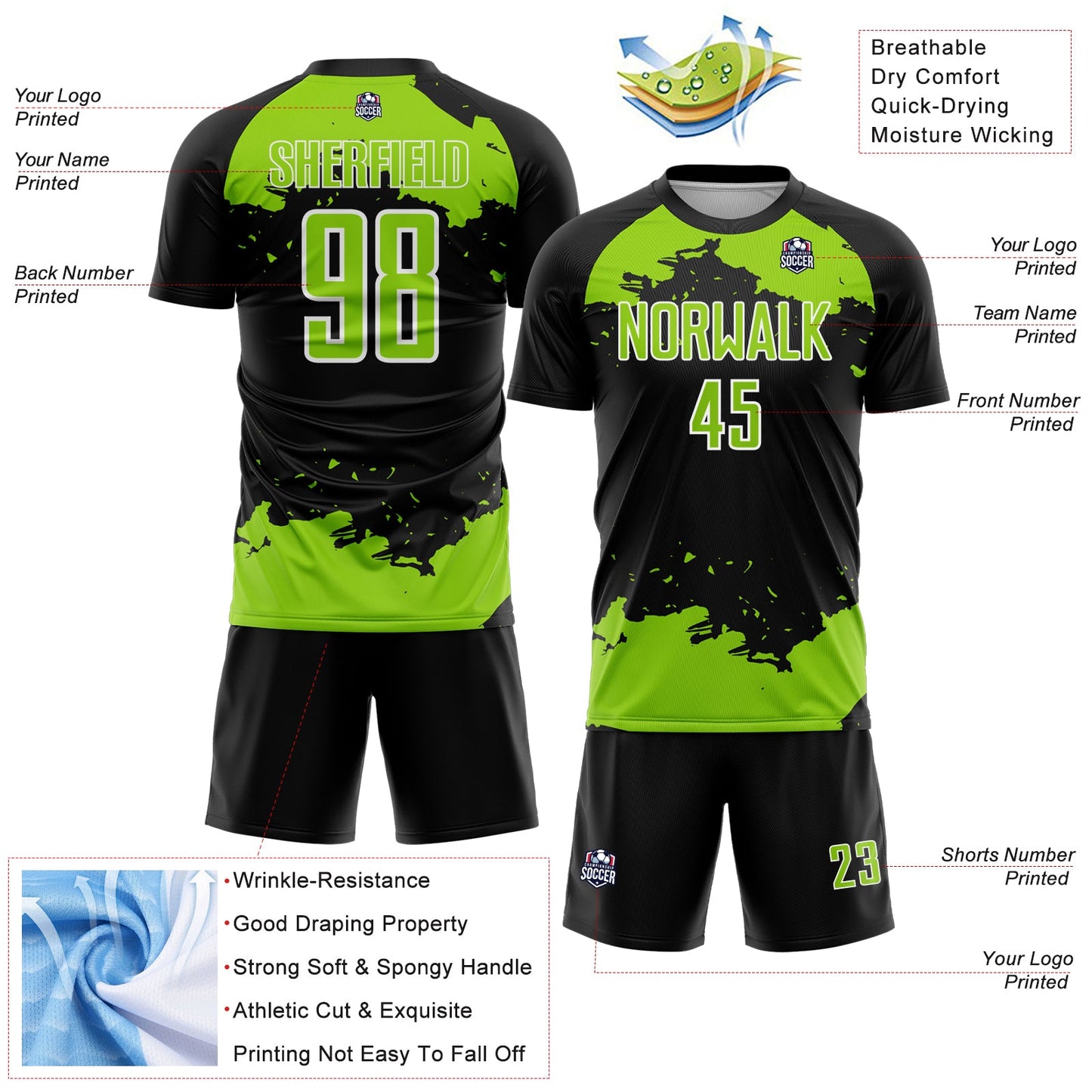Custom Black Neon Green-White Abstract Fragment Art Sublimation Soccer Uniform Jersey Limited