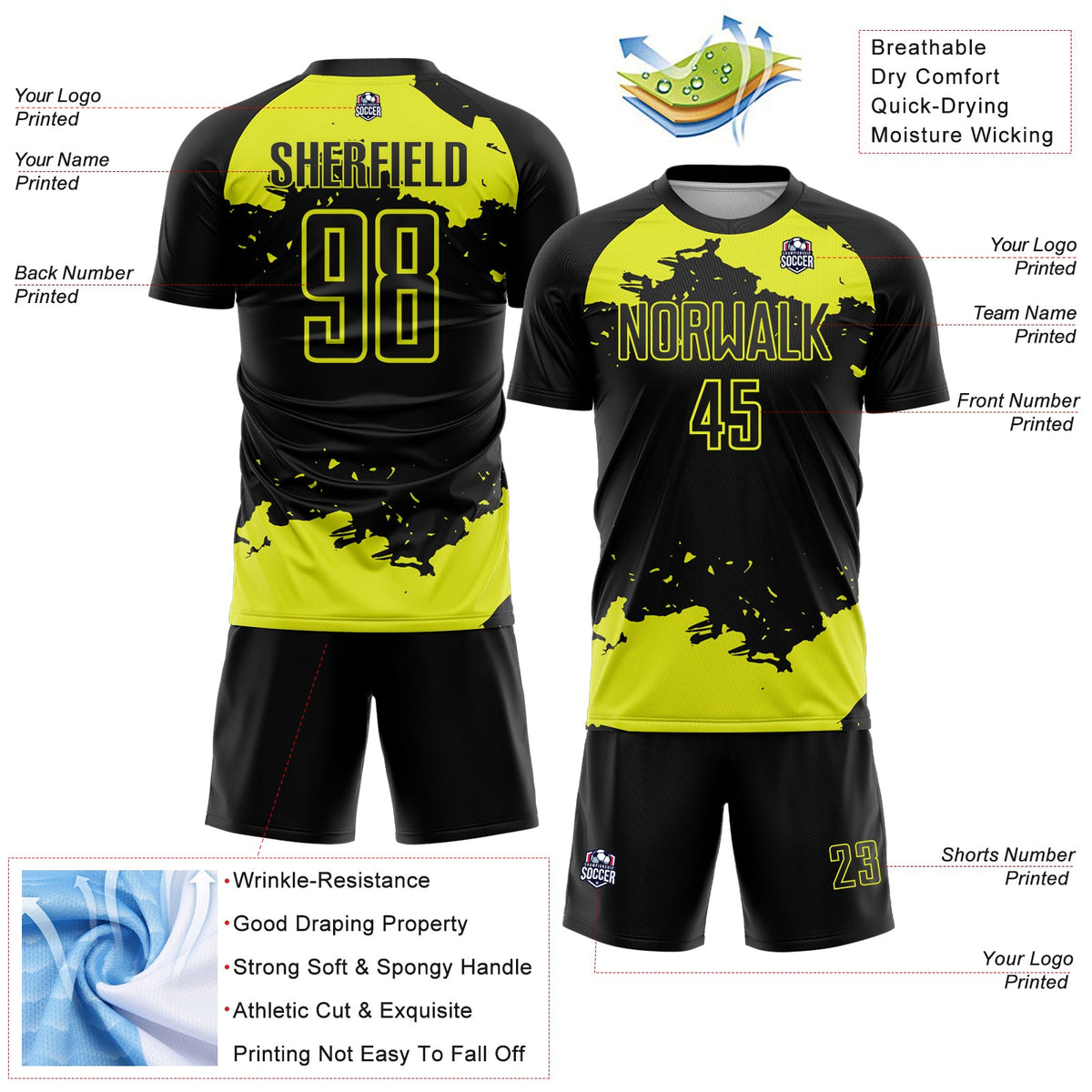 Custom Black Neon Yellow Abstract Fragment Art Sublimation Soccer Uniform Jersey Limited