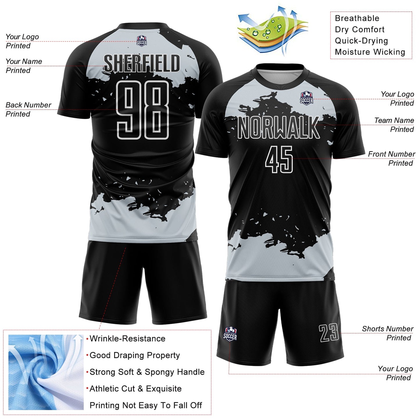 Custom Black Silver-White Abstract Fragment Art Sublimation Soccer Uniform Jersey Limited