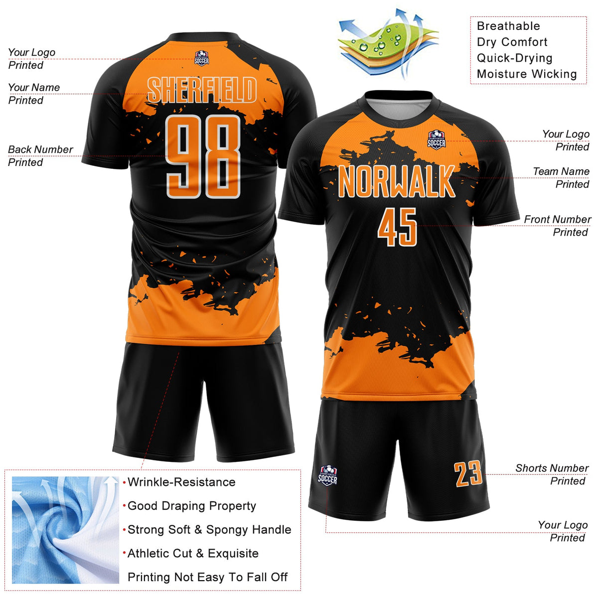 Custom Black Bay Orange-White Abstract Fragment Art Sublimation Soccer Uniform Jersey Limited