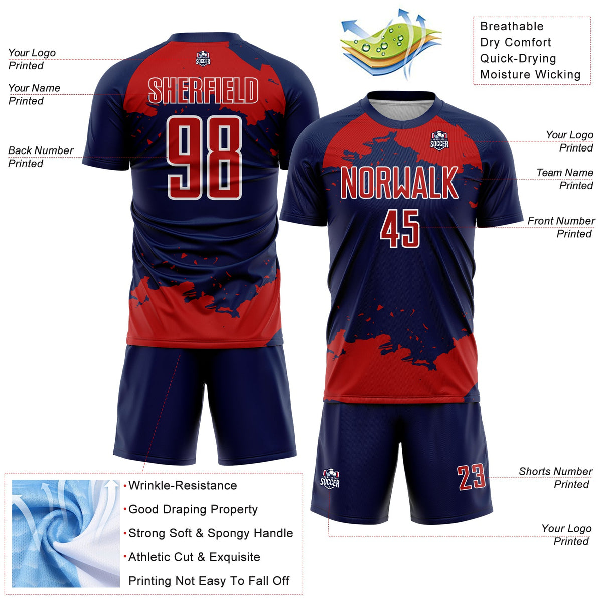 Custom Navy Red-White Abstract Fragment Art Sublimation Soccer Uniform Jersey Limited