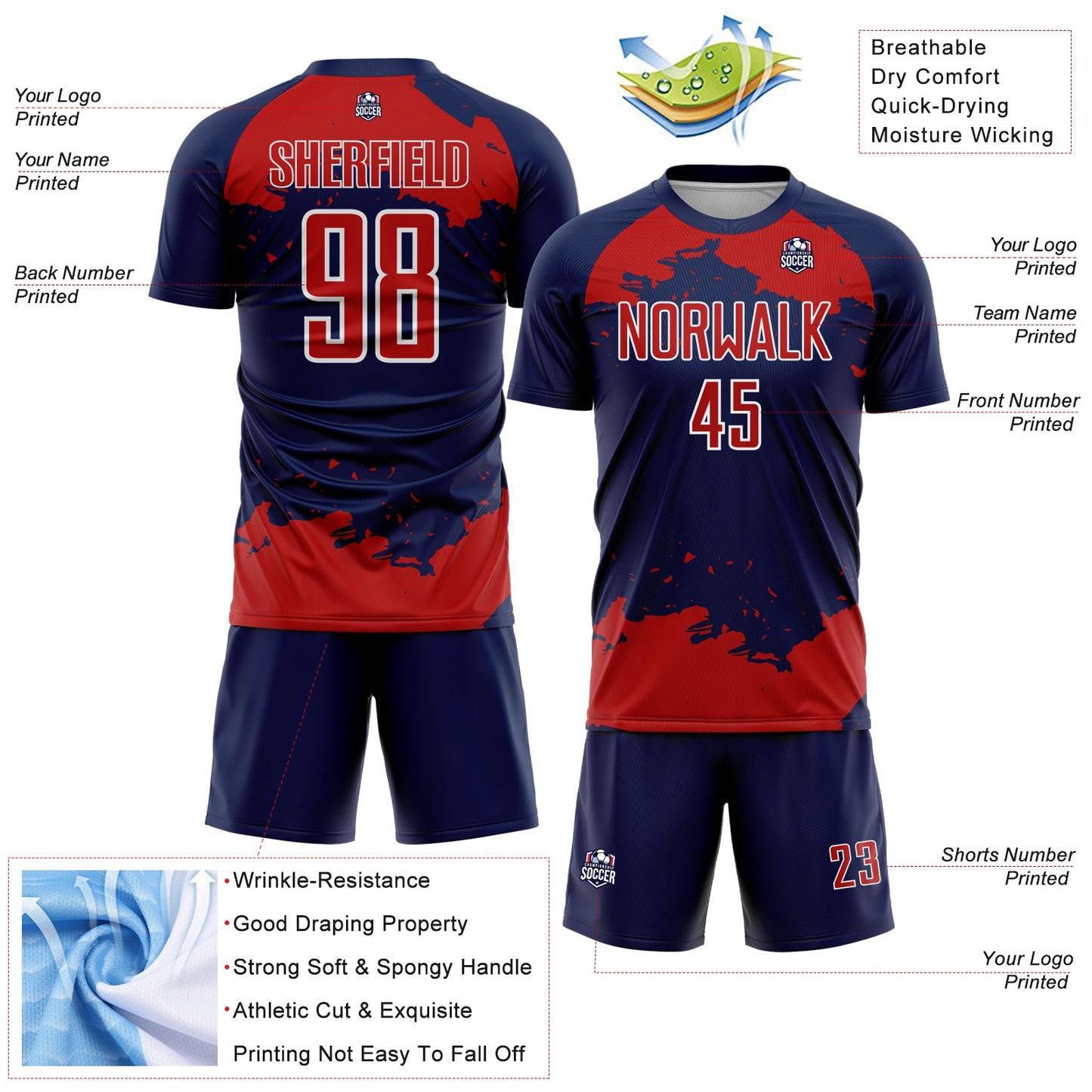 Custom Navy Red-White Abstract Fragment Art Sublimation Soccer Uniform Jersey Limited