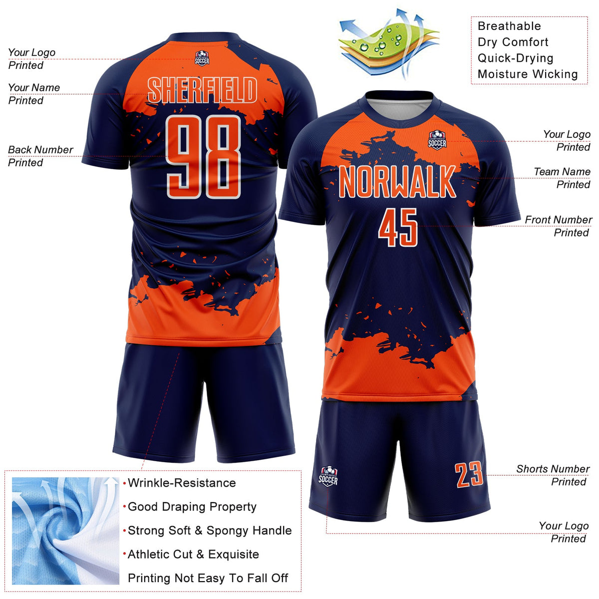 Custom Navy Orange-White Abstract Fragment Art Sublimation Soccer Uniform Jersey Limited