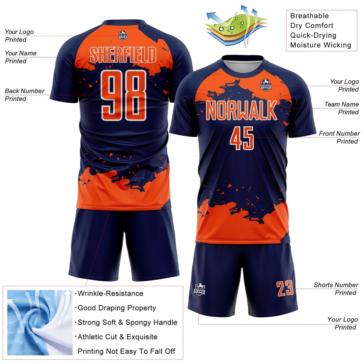 Custom Navy Orange-White Abstract Fragment Art Sublimation Soccer Uniform Jersey Limited
