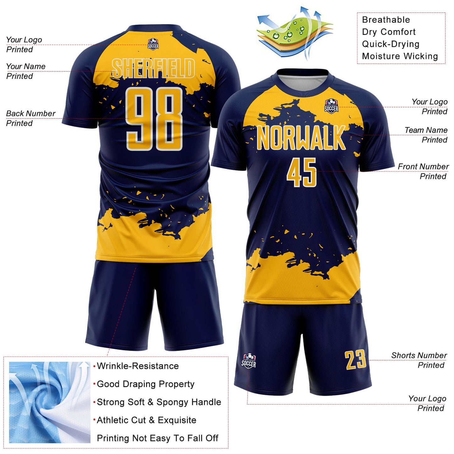 Custom Navy Gold-White Abstract Fragment Art Sublimation Soccer Uniform Jersey Limited