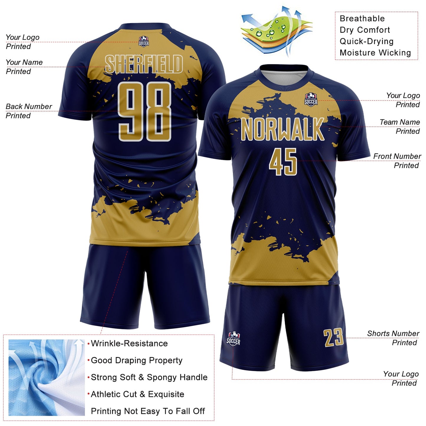 Custom Navy Old Gold-White Abstract Fragment Art Sublimation Soccer Uniform Jersey Limited