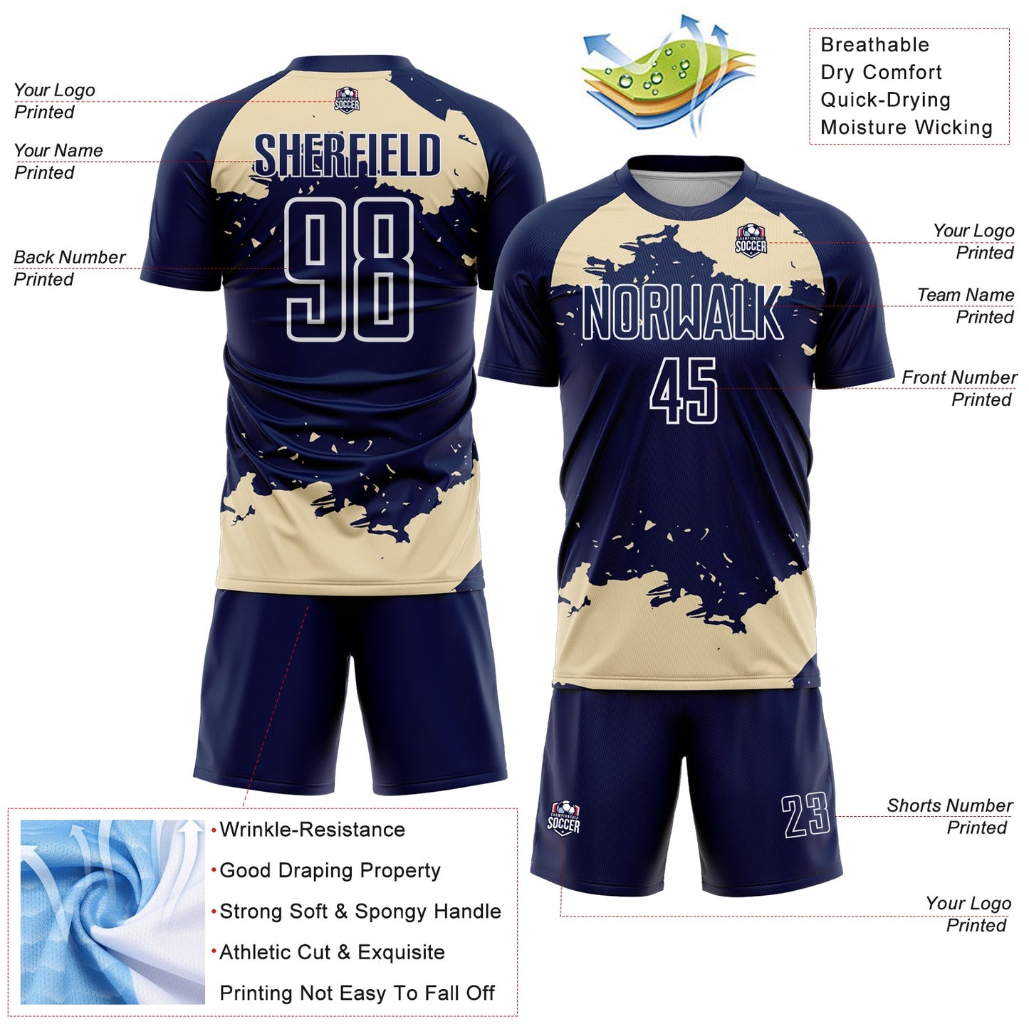 Custom Navy Cream-White Abstract Fragment Art Sublimation Soccer Uniform Jersey Limited