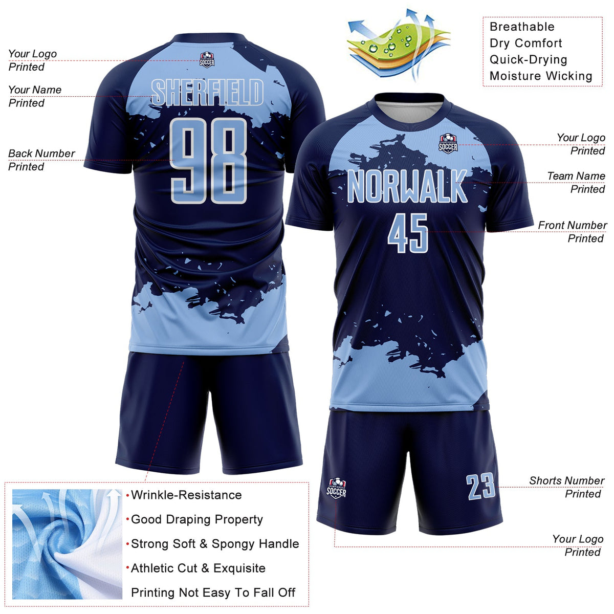 Custom Navy Light Blue-White Abstract Fragment Art Sublimation Soccer Uniform Jersey Limited