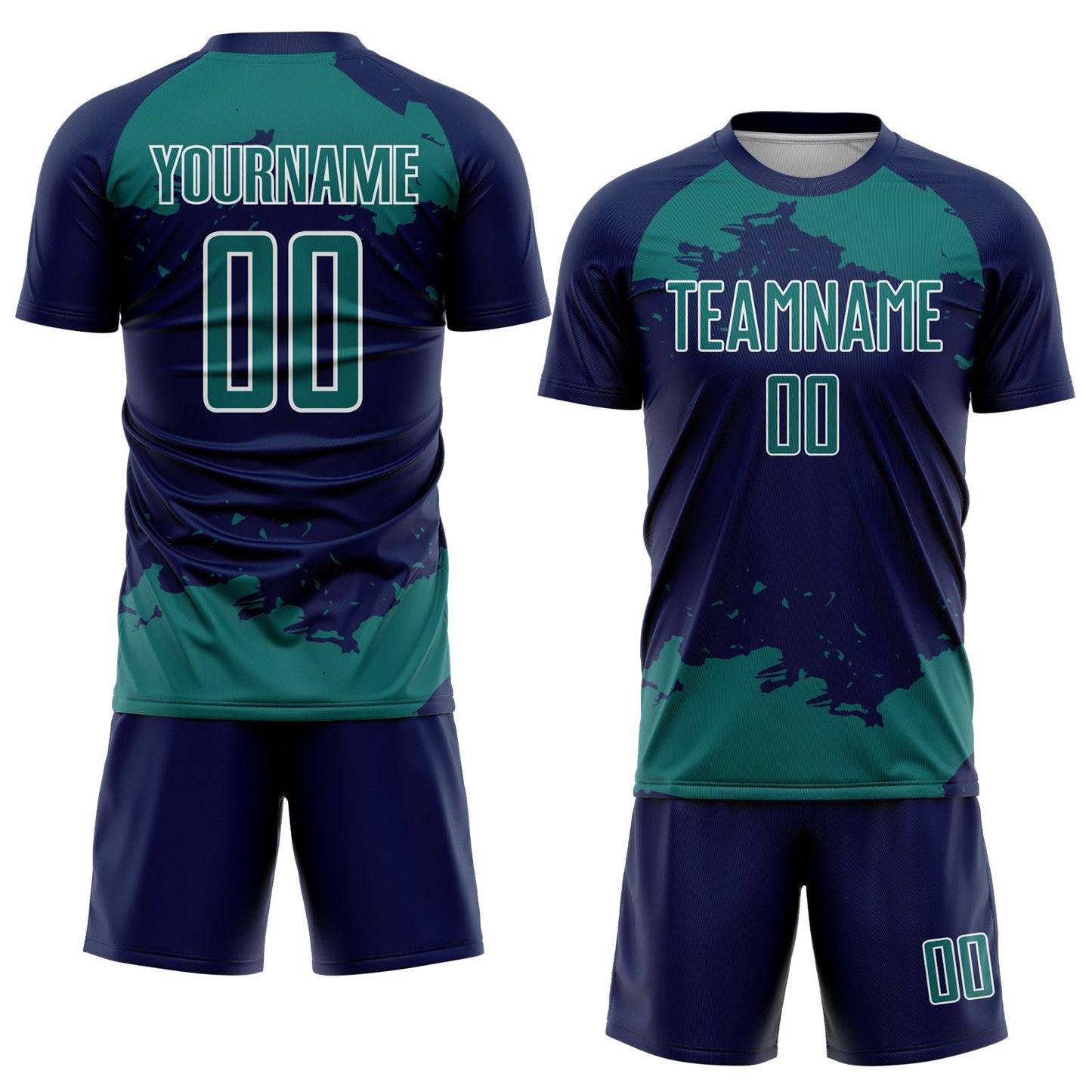 Custom Navy Teal-White Abstract Fragment Art Sublimation Soccer Uniform Jersey Limited