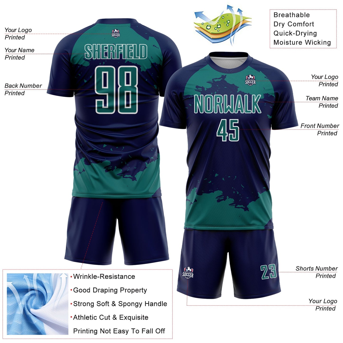 Custom Navy Teal-White Abstract Fragment Art Sublimation Soccer Uniform Jersey Limited