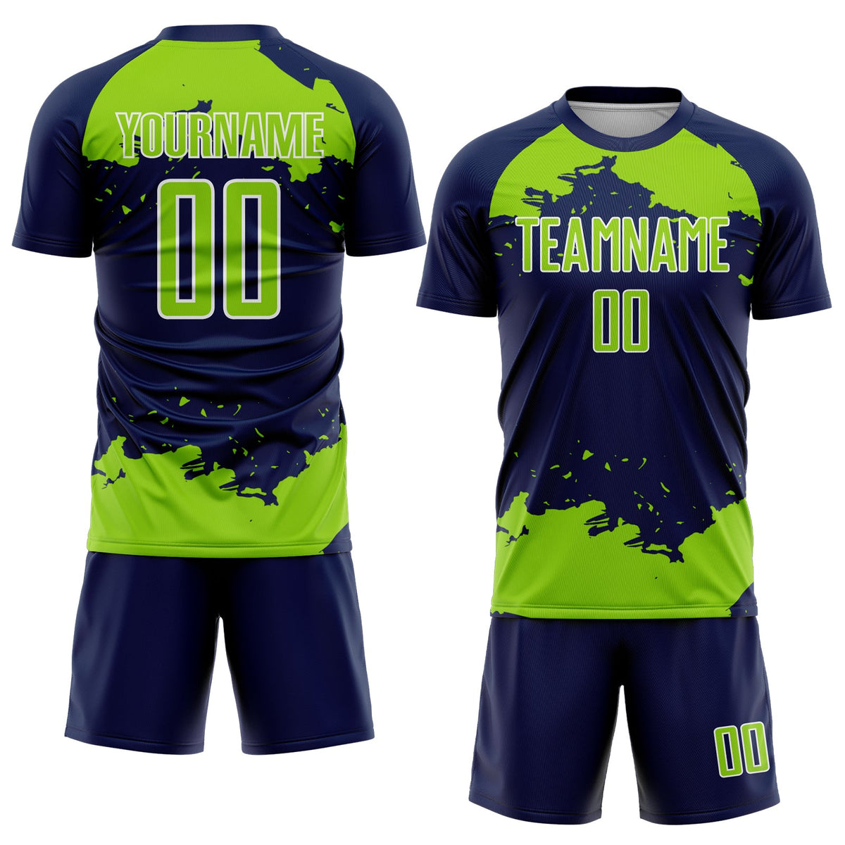 Custom Navy Neon Green-White Abstract Fragment Art Sublimation Soccer Uniform Jersey Limited