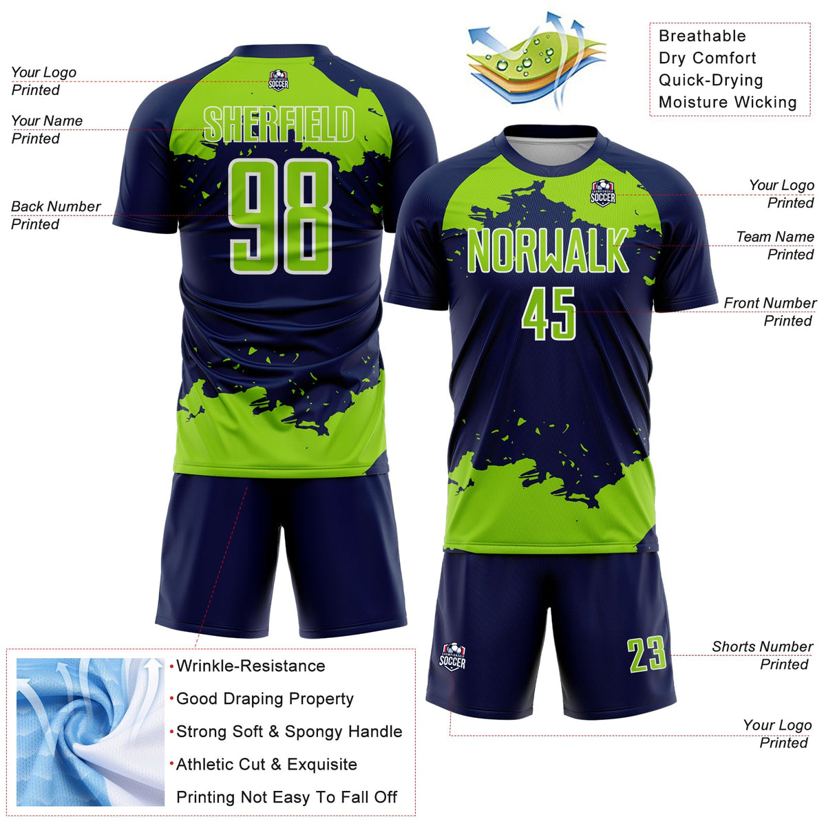 Custom Navy Neon Green-White Abstract Fragment Art Sublimation Soccer Uniform Jersey Limited