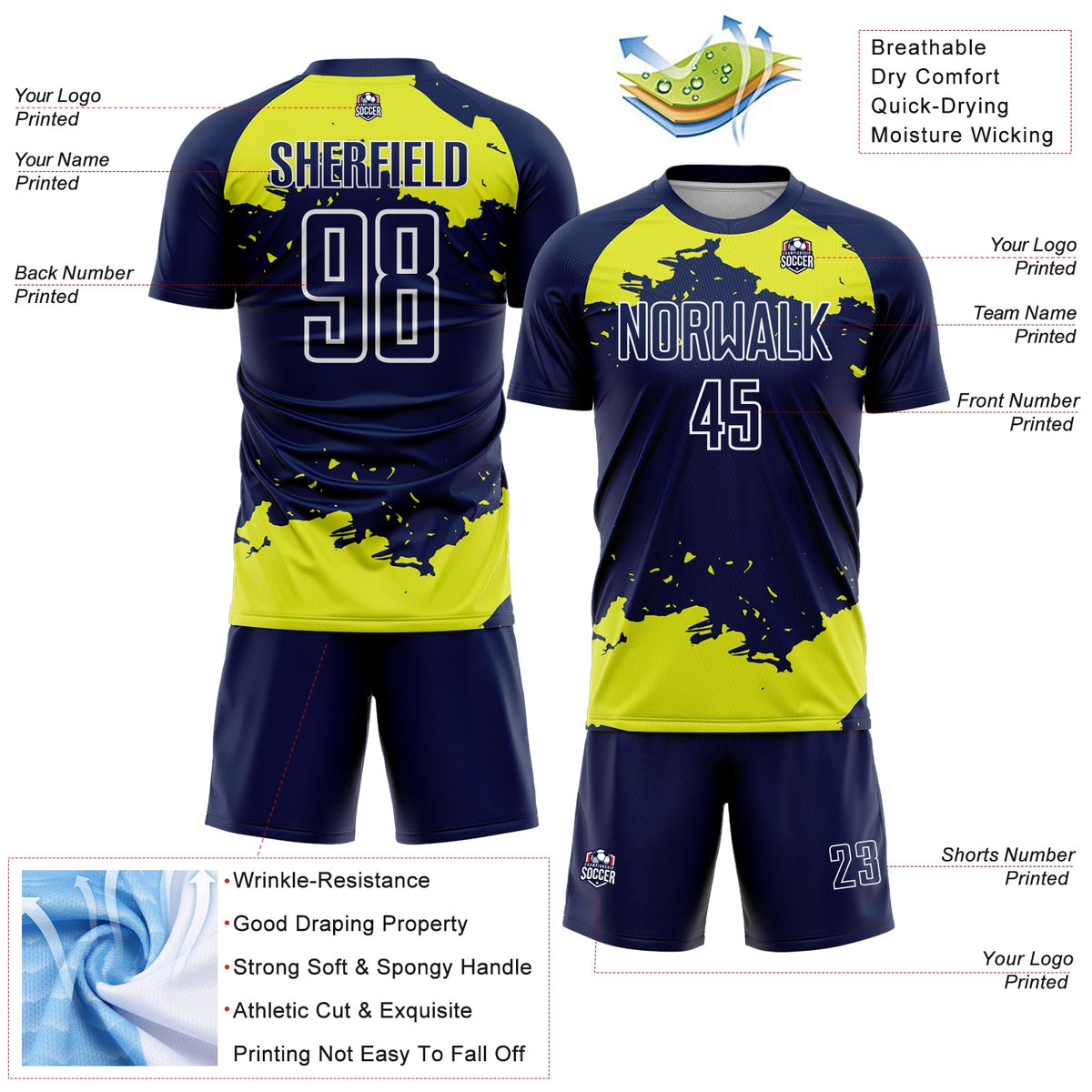 Custom Navy Neon Yellow-White Abstract Fragment Art Sublimation Soccer Uniform Jersey Limited