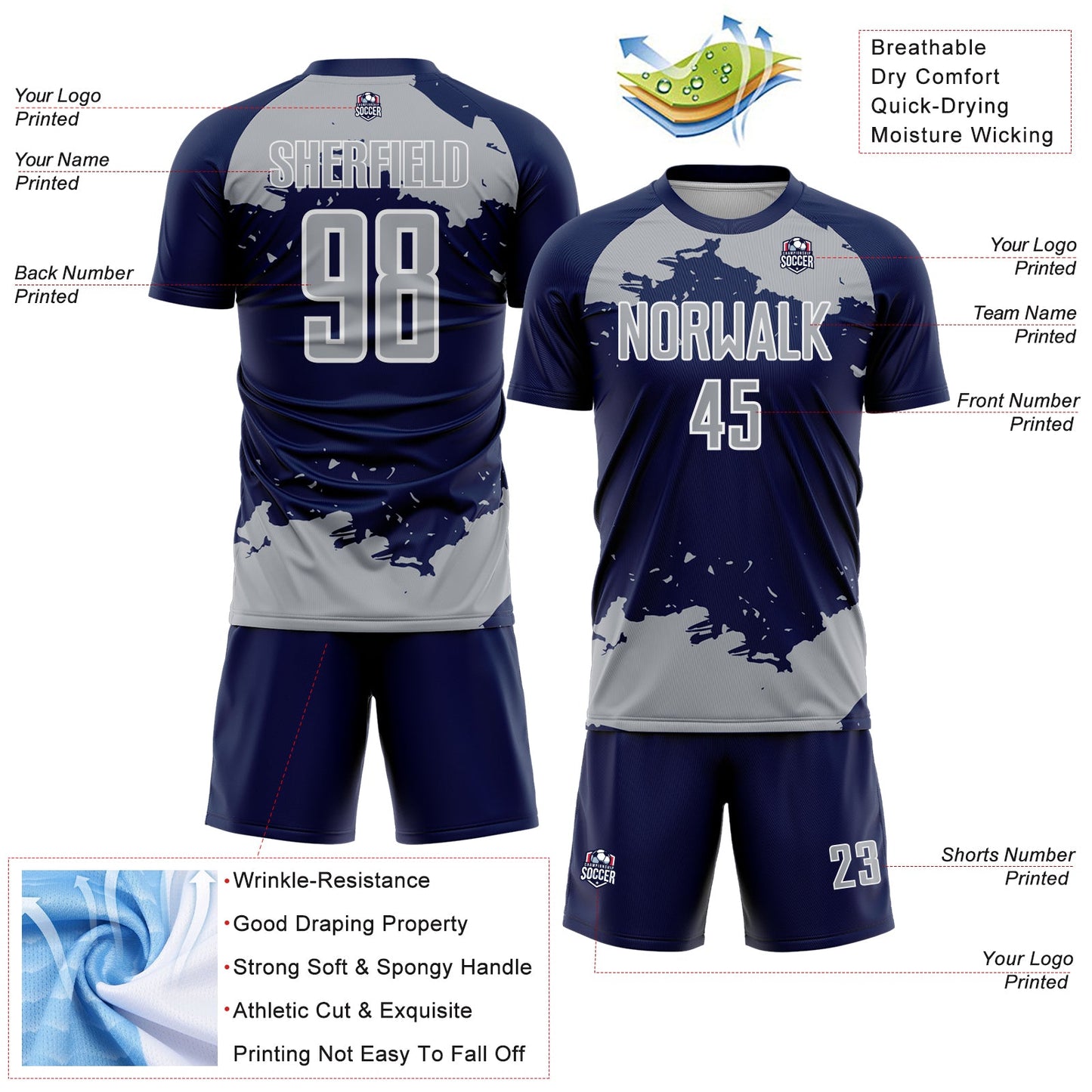 Custom Navy Gray-White Abstract Fragment Art Sublimation Soccer Uniform Jersey Limited