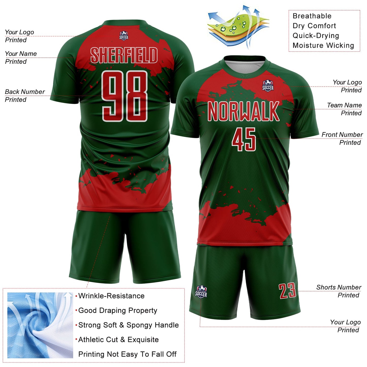 Custom Green Red-White Abstract Fragment Art Sublimation Soccer Uniform Jersey Limited