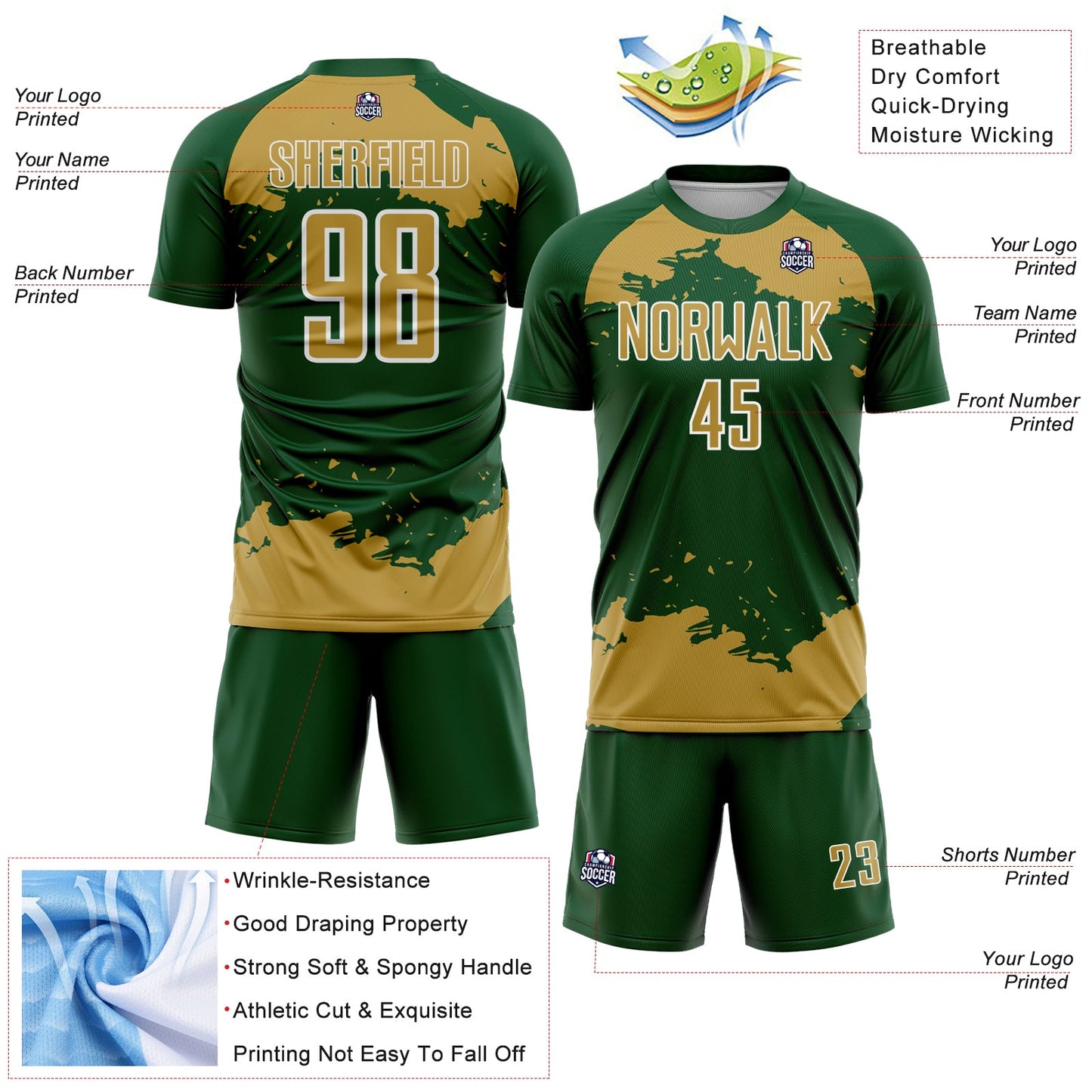 Custom Green Old Gold-White Abstract Fragment Art Sublimation Soccer Uniform Jersey Limited