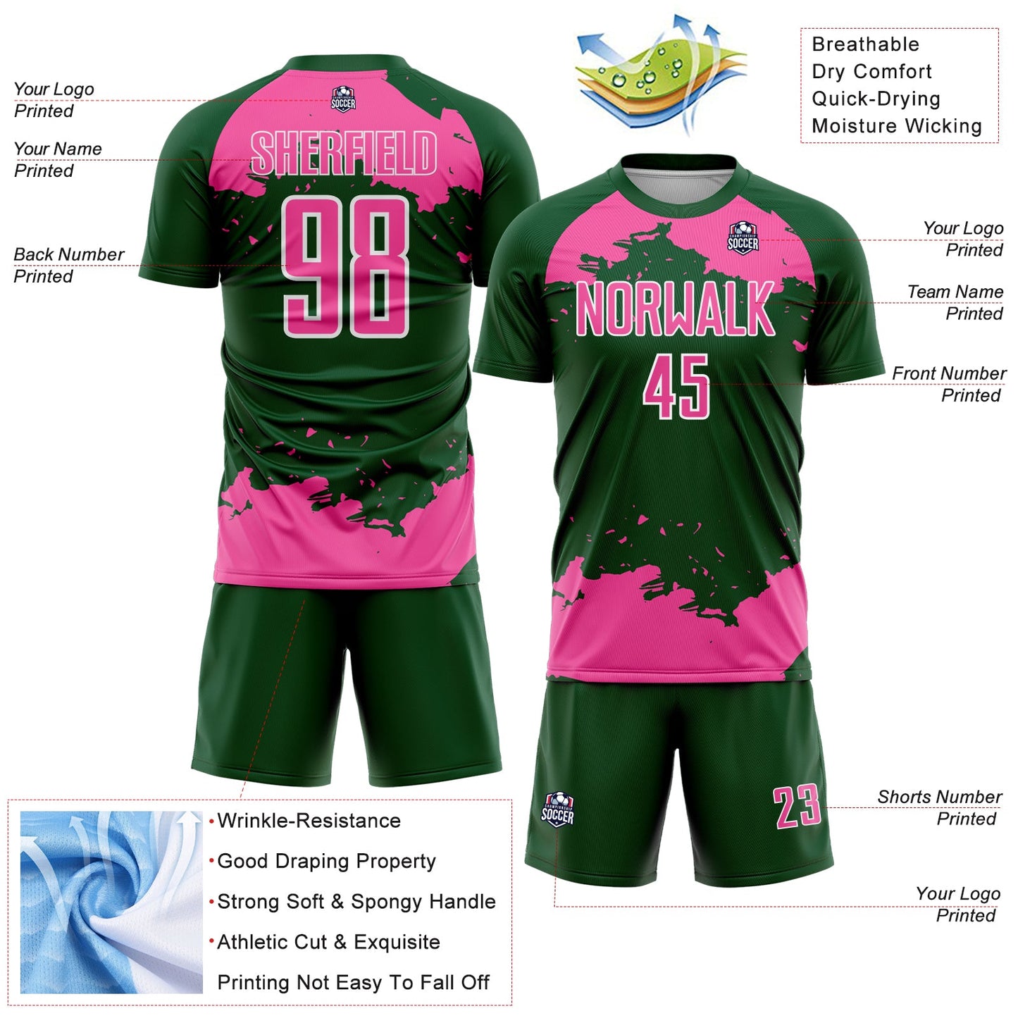 Custom Green Pink-White Abstract Fragment Art Sublimation Soccer Uniform Jersey Limited