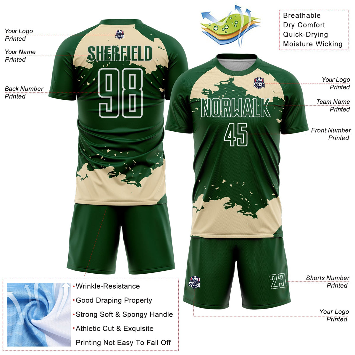Custom Green Cream-White Abstract Fragment Art Sublimation Soccer Uniform Jersey Limited