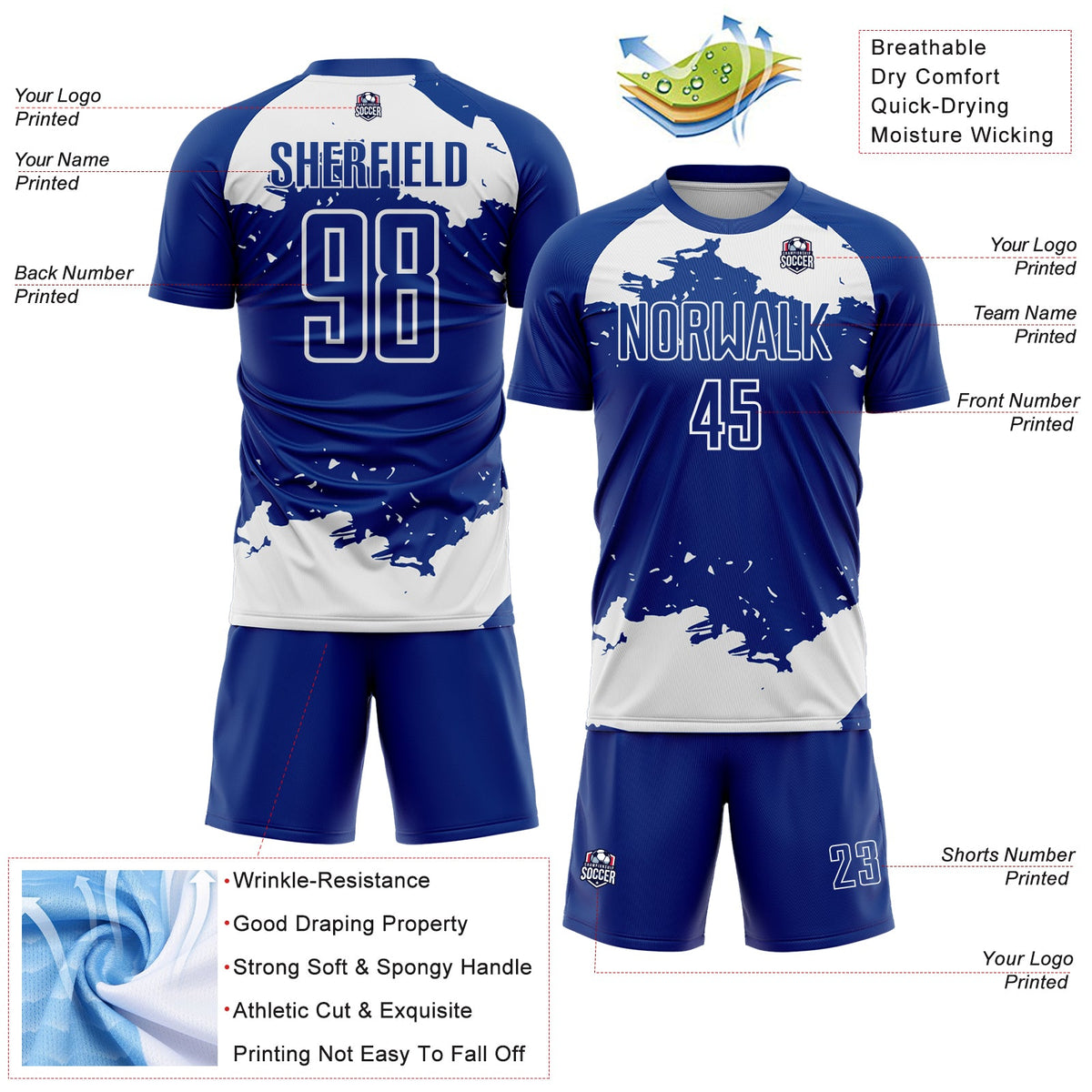 Custom Royal White Abstract Fragment Art Sublimation Soccer Uniform Jersey Limited