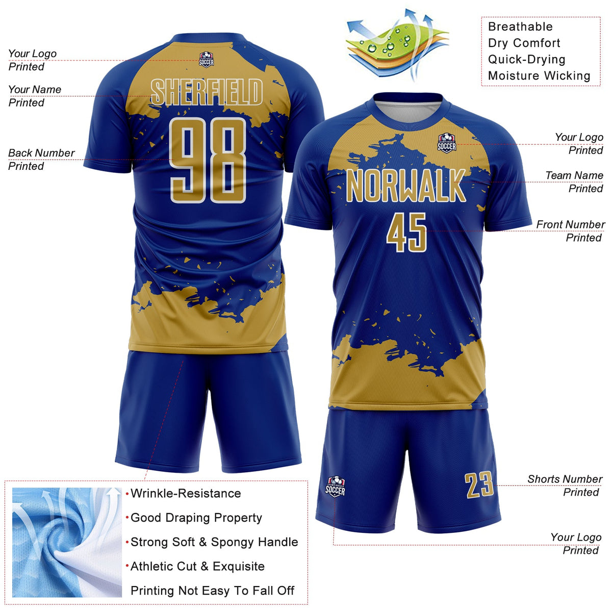 Custom Royal Old Gold-White Abstract Fragment Art Sublimation Soccer Uniform Jersey Limited