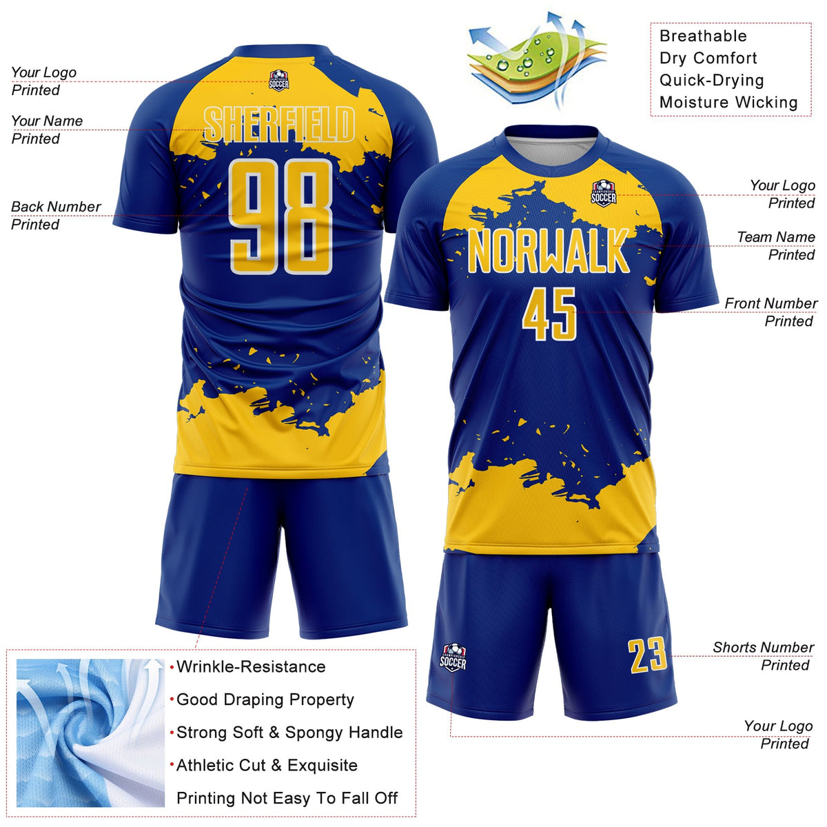 Custom Royal Yellow-White Abstract Fragment Art Sublimation Soccer Uniform Jersey Limited