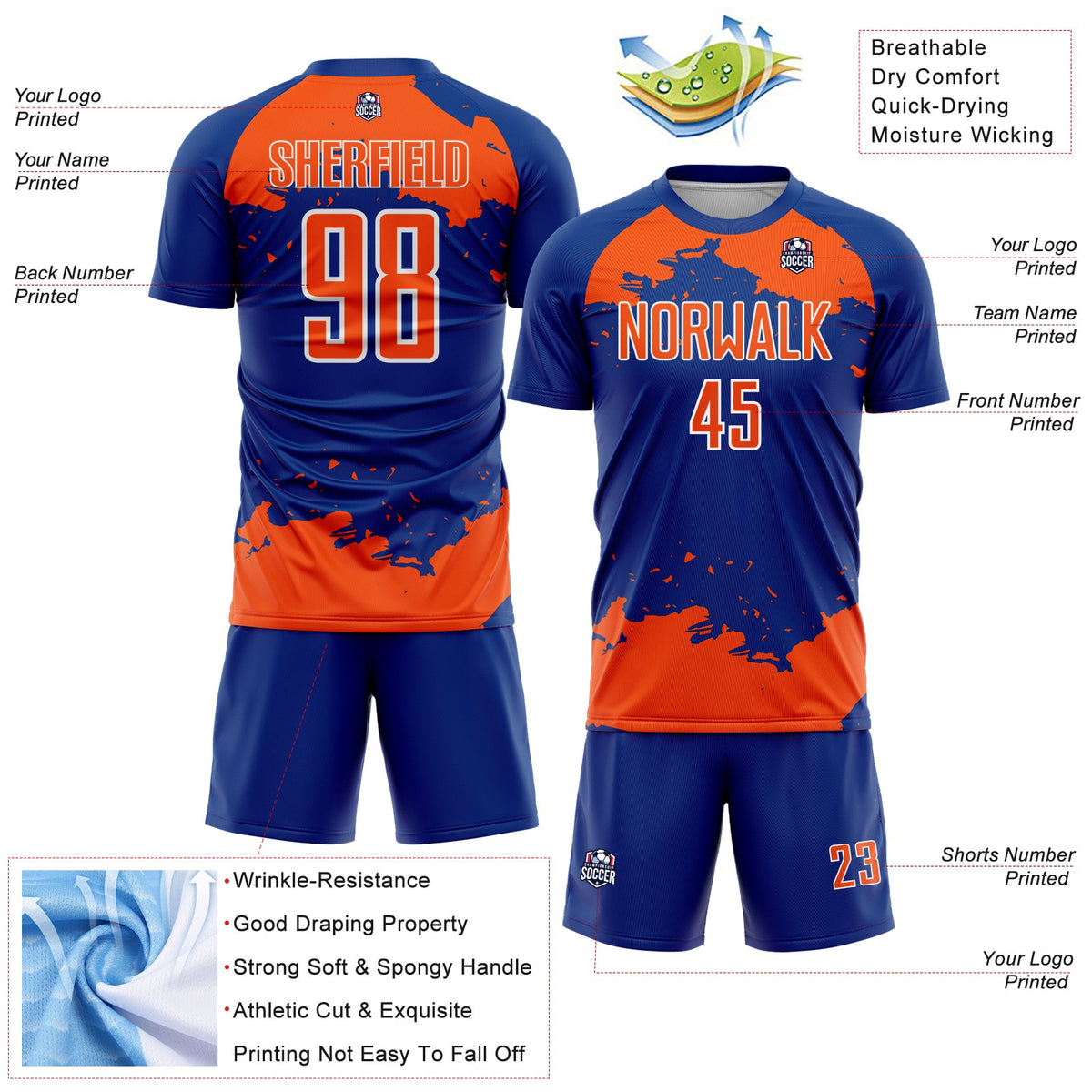 Custom Royal Orange-White Abstract Fragment Art Sublimation Soccer Uniform Jersey Limited