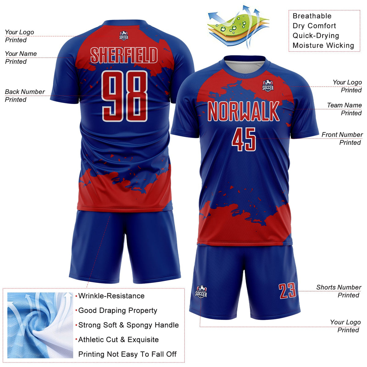 Custom Royal Red-White Abstract Fragment Art Sublimation Soccer Uniform Jersey Limited