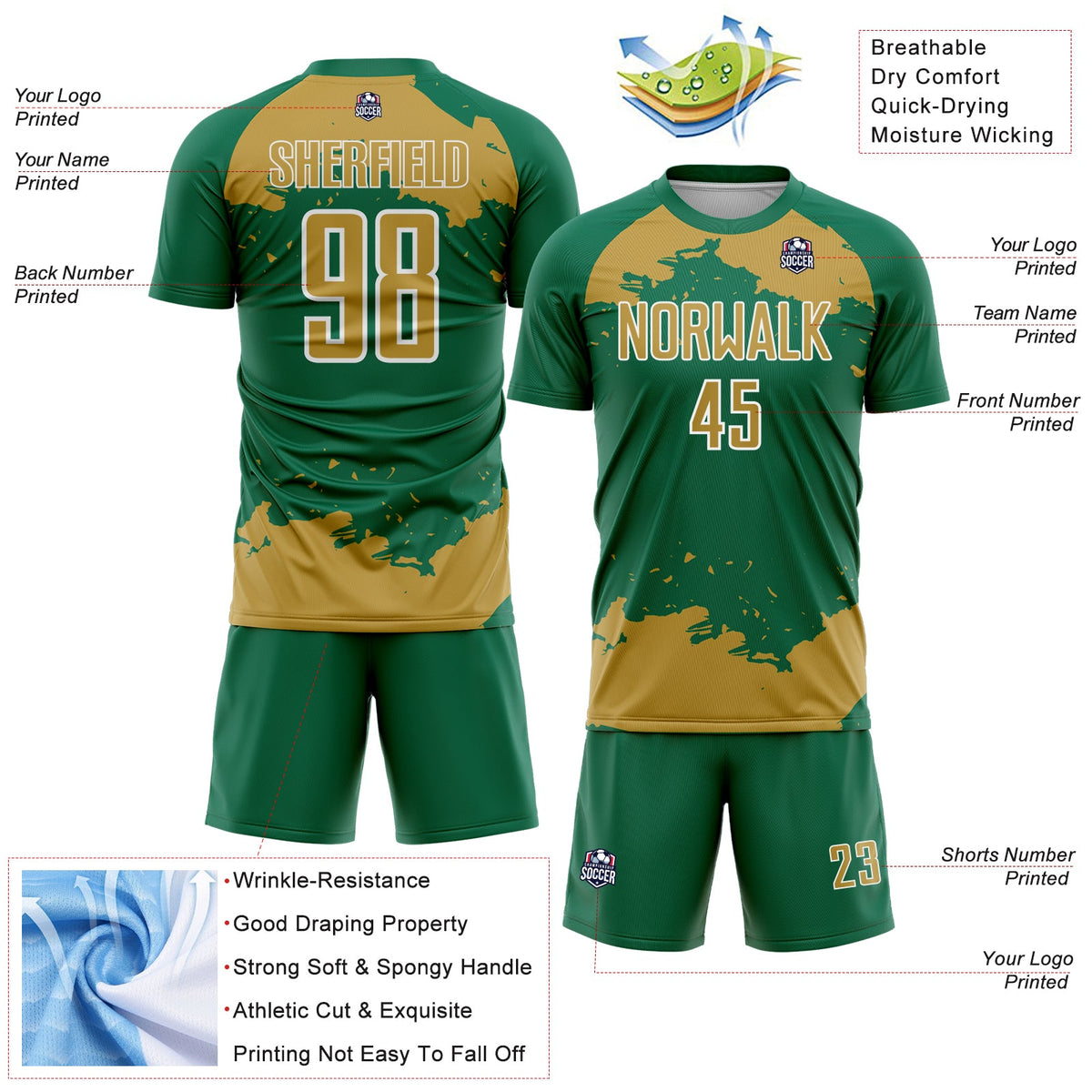Custom Kelly Green Old Gold-White Abstract Fragment Art Sublimation Soccer Uniform Jersey Limited