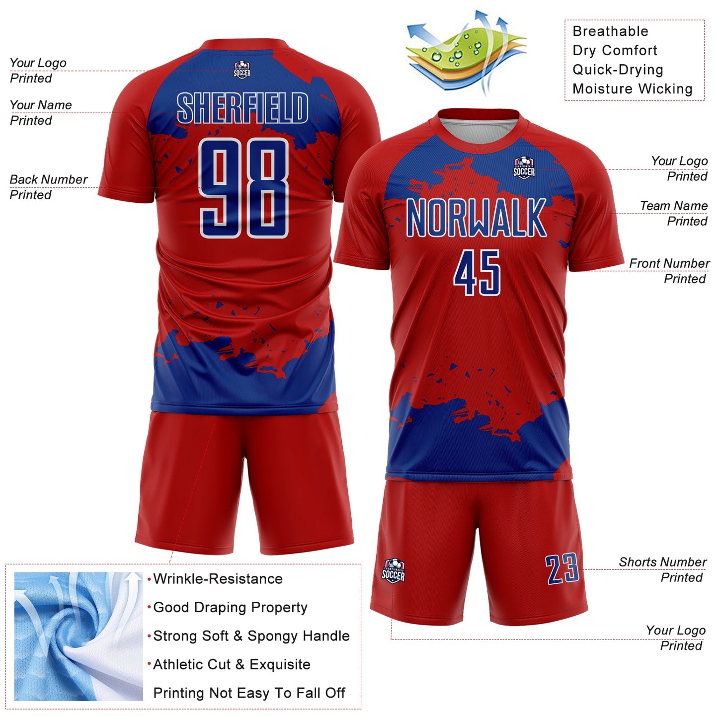 Custom Red Royal-White Abstract Fragment Art Sublimation Soccer Uniform Jersey Limited