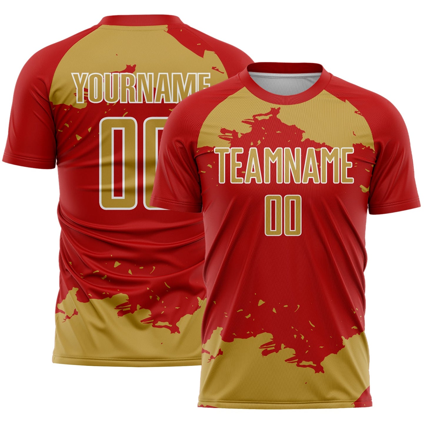 Custom Red Old Gold-White Abstract Fragment Art Sublimation Soccer Uniform Jersey