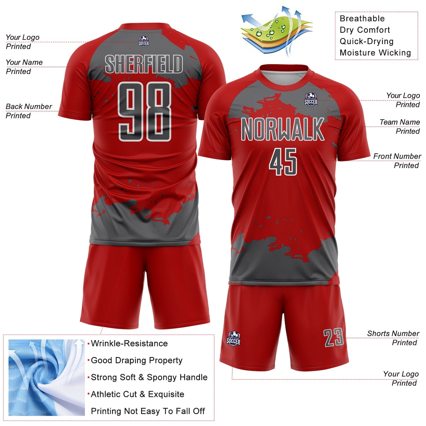 Custom Red Steel Gray-White Abstract Fragment Art Sublimation Soccer Uniform Jersey Limited