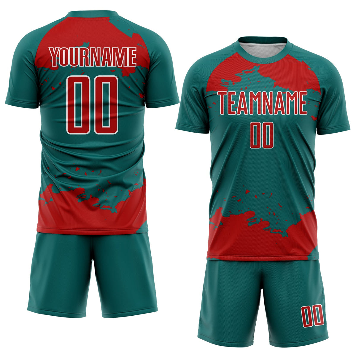Custom Teal Red-White Abstract Fragment Art Sublimation Soccer Uniform Jersey Limited