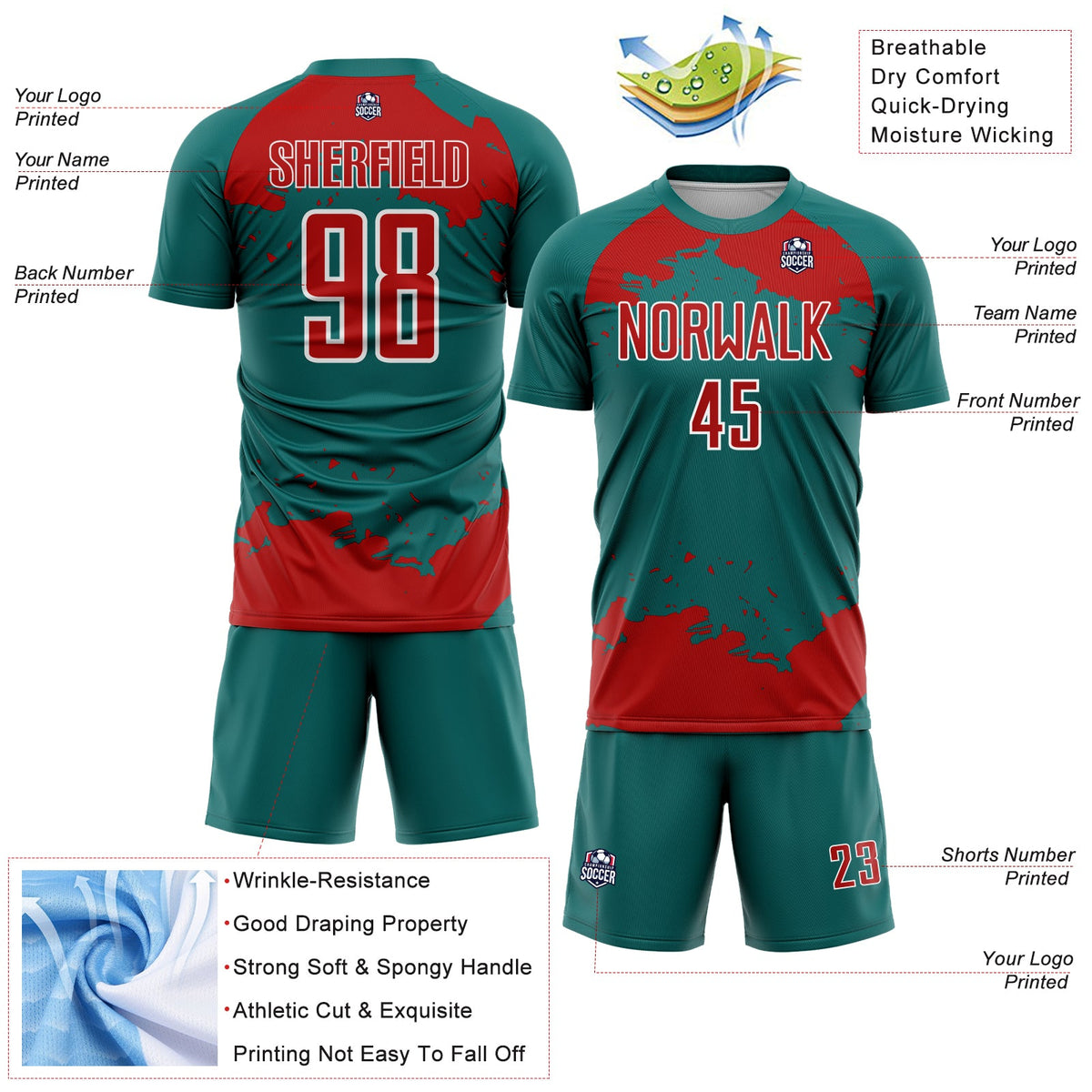 Custom Teal Red-White Abstract Fragment Art Sublimation Soccer Uniform Jersey Limited