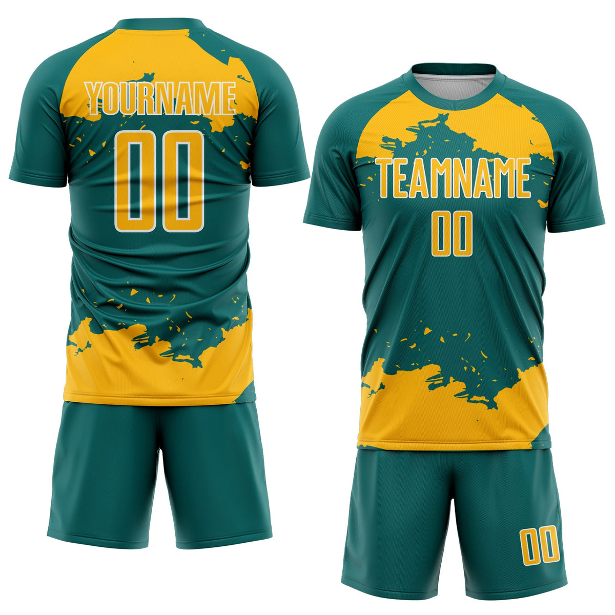Custom Teal Gold-White Abstract Fragment Art Sublimation Soccer Uniform Jersey Limited